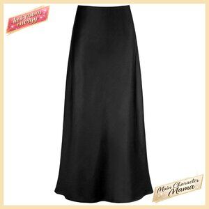 Satin Maxi Skirt High Waisted A-Line Hidden Elastic Waistband Long